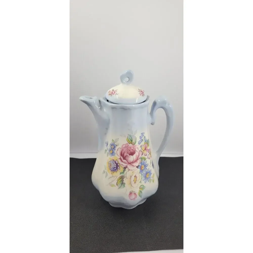 floral Coffee Pot with Lid Blue Pink Flowers Ceramic Cottage Decor 9